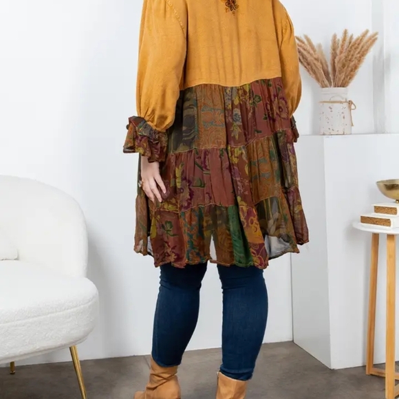 #116 NWT Young Threads Camel Earthy Boho Patchwork Tiered Top Woman Size L - Picture 9 of 16